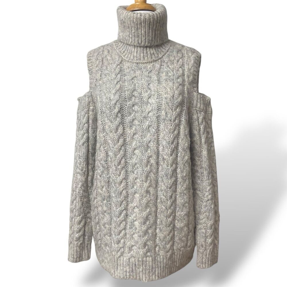 Zara Sweater Turtleneck Fisherman Cable Knit Women Size S Gray Cut Out Shoulder